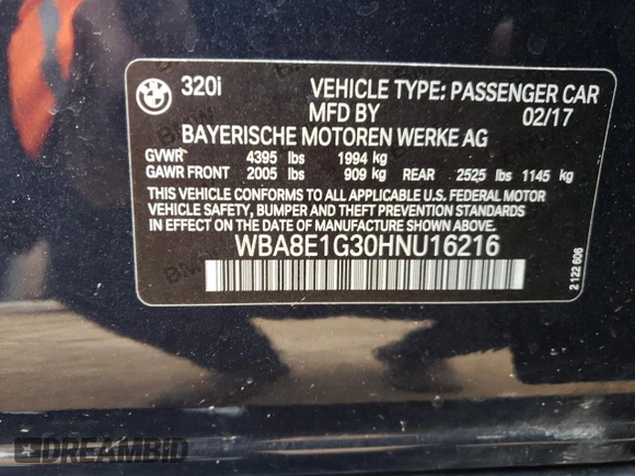 2017 BMW 3 Series 320i with VIN WBA8E1G30HNU16216, listed as a Copart auction lot 84441974 with 0 mi miles and Salvage Title. Bid and sale history available at carsss.com. Image 13.