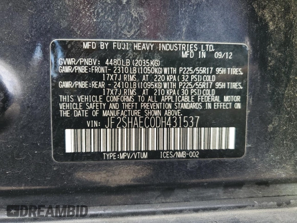 2013 Subaru Forester X Limited with VIN JF2SHAEC0DH431537, listed as a Copart auction lot 45521715 with 197,998 mi miles and Salvage title. Bid and sale history available at DreamBid. Image 13.