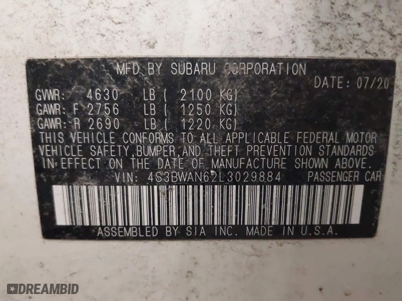 2020 Subaru Legacy Limited with VIN 4S3BWAN62L3029884, listed as a IAAI auction lot 41645239 with 88,055 mi miles. Bid and sale history available at carsss.com. Image 9.
