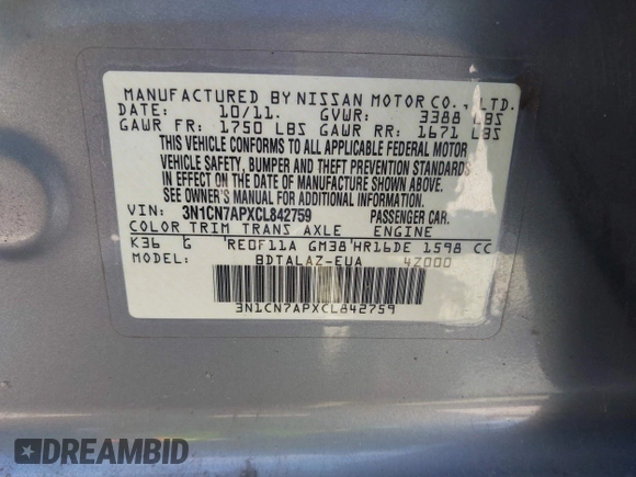 2012 Nissan Versa SL with VIN 3N1CN7APXCL842759, listed as a IAAI auction lot 41683452 with 127,308 mi miles and . Bid and sale history available at carsss.com. Image 9.