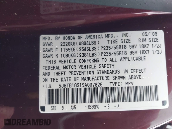 2009 Acura RDX with VIN 5J8TB18219A007826, listed as a IAAI auction lot 41554477 with 153,512 mi miles and . Bid and sale history available at DreamBid. Image 9.