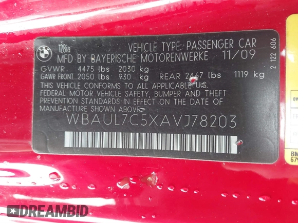 2010 BMW 1 Series 128i with VIN WBAUL7C5XAVJ78203, listed as a IAAI auction lot 41595287 with 176,759 mi miles and . Bid and sale history available at DreamBid. Image 9.