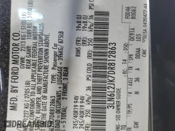 2013 Lincoln MKZ with VIN 3LN6L2JK7DR812863, listed as a Copart auction lot 43000195 with 66,732 mi miles and Salvage Title. Bid and sale history available at DreamBid. Image 12.