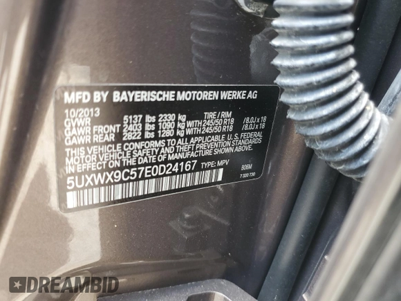 2014 BMW X3 xDrive28i with VIN 5UXWX9C57E0D24167, listed as a Copart auction lot 68278904 with 118,109 mi miles and Salvage Title. Bid and sale history available at DreamBid. Image 13.
