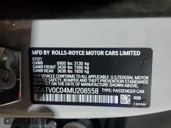 2021 Rolls-Royce Ghost z VIN SCATV0C04MU208558, wystawiony jako Copart lot #41417175 z przebiegiem Nie podano mil oraz Szkoda całkowita • Salvage title. Historia ofert i sprzedaży dostępna na DreamBid. Obrazek 12.