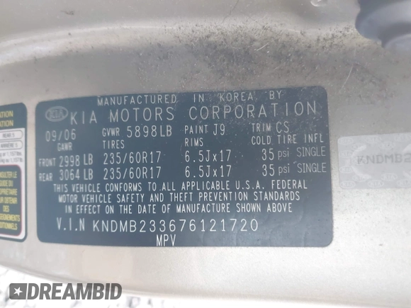 2007 Kia Sedona EX with VIN KNDMB233676121720, listed as a IAAI auction lot 41606082 with 200,736 mi miles. Bid and sale history available at carsss.com. Image 9.