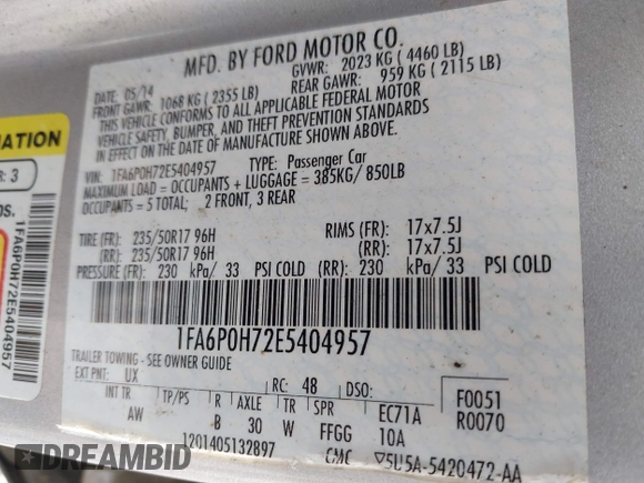 2014 Ford Fusion SE with VIN 1FA6P0H72E5404957, listed as a IAAI auction lot 42078932 with 262,429 mi miles. Bid and sale history available at carsss.com. Image 9.