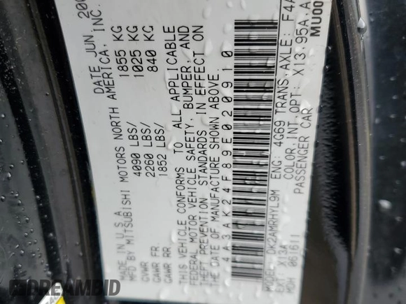 2009 Mitsubishi Eclipse GS with VIN 4A3AK24F89E020910, listed as a Copart auction lot 82059744 with 102,336 mi miles and Salvage Title. Bid and sale history available at carsss.com. Image 12.