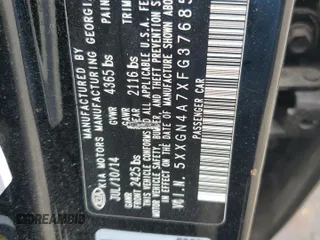 2015 Kia Optima EX z VIN 5XXGN4A7XFG376859, wystawiony jako Copart lot #56936755 z przebiegiem 122 440 mil mil oraz Szkoda całkowita • Salvage title. Historia ofert i sprzedaży dostępna na DreamBid. Obrazek 12.