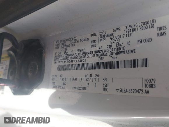 2015 Ford F-150 XLT with VIN 1FTFX1EG9FFA73603, listed as a IAAI auction lot 41851148 with Not provided miles and . Bid and sale history available at DreamBid. Image 9.