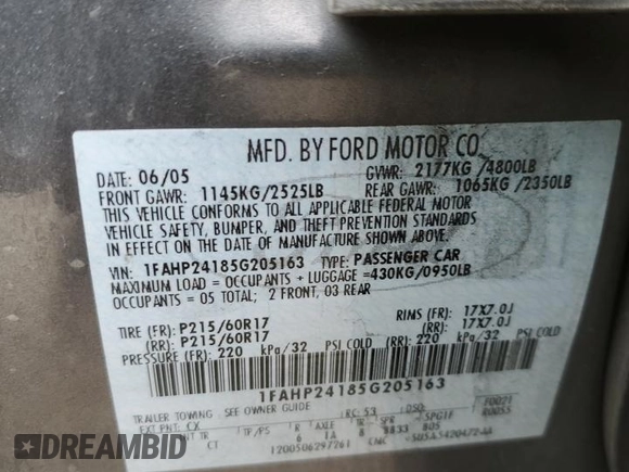 2005 Ford Five Hundred SEL with VIN 1FAHP24185G205163, listed as a Copart auction lot 44597855 with 195,566 mi miles and Salvage Title. Bid and sale history available at carsss.com. Image 12.