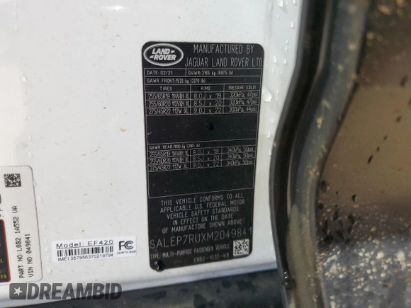 2021 Land Rover Defender SE с VIN SALEP7RUXM2049841, выставлен на аукционе Copart как лот 53894785 с пробегом 45 490 миль миль и Списание • Salvage title. История ставок и продаж доступна на DreamBid. Изображение 14.