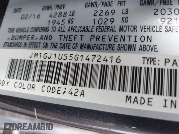 2016 Mazda 6 i Sport with VIN JM1GJ1U55G1472416, listed as a IAAI auction lot 41961622 with 157,315 mi miles and . Bid and sale history available at DreamBid. Image 9.