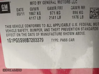 2011 Chevrolet Cruze LT w/2LT with VIN 1G1PG5S98B7283379, listed as a IAAI auction lot 42026862 with 130,169 mi miles. Bid and sale history available at carsss.com. Image 9.