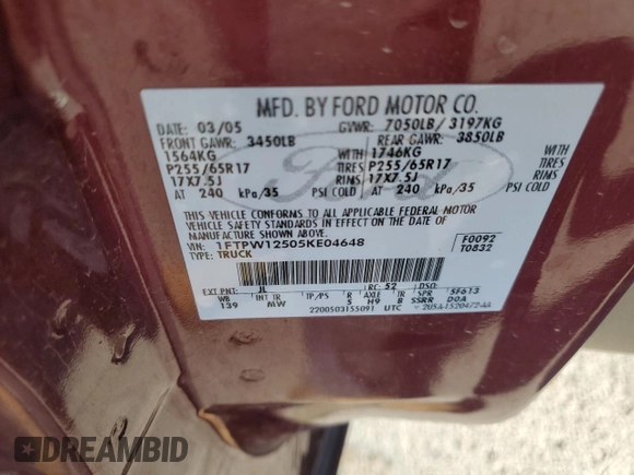 2005 Ford F-150 XLT with VIN 1FTPW12505KE04648, listed as a Copart auction lot 53284395 with 184,753 mi miles and Salvage Title. Bid and sale history available at carsss.com. Image 14.