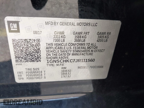 2018 Chevrolet Suburban LT z VIN 1GNSCHKC7JR111560, wystawiony jako IAAI lot #41823175 z przebiegiem 136 751 mil mil oraz . Historia ofert i sprzedaży dostępna na DreamBid. Obrazek 9.