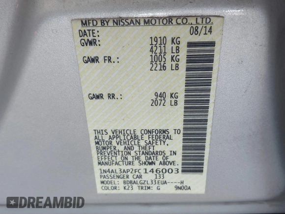 2015 Nissan Altima 2.5 SV with VIN 1N4AL3AP2FC146003, listed as a IAAI auction lot 41657030 with 127,489 mi miles. Bid and sale history available at carsss.com. Image 9.