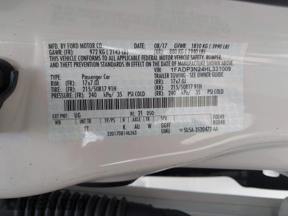 2017 Ford Focus Titanium with VIN 1FADP3N24HL331009, listed as a IAAI auction lot 42029193 with 82,068 mi miles and . Bid and sale history available at carsss.com. Image 9.