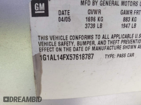 2005 Chevrolet Cobalt with VIN 1G1AL14FX57618787, listed as a IAAI auction lot 41888444 with 232,185 mi miles and . Bid and sale history available at DreamBid. Image 9.