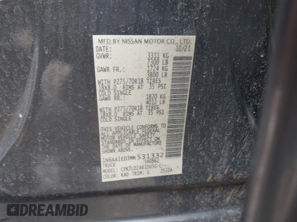 2021 Nissan Titan Pro-4X with VIN 1N6AA1ED3MN531332, listed as a IAAI auction lot 41918065 with 125,323 mi miles and . Bid and sale history available at DreamBid. Image 9.