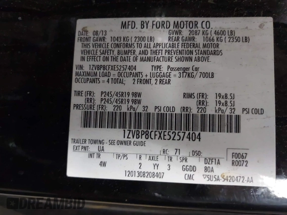 2014 Ford Mustang GT z VIN 1ZVBP8CFXE5257404, wystawiony jako IAAI lot #42731944 z przebiegiem 308 695 mil mil oraz . Historia ofert i sprzedaży dostępna na DreamBid. Obrazek 9.