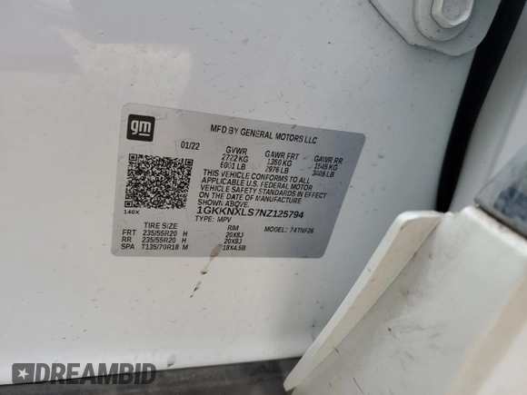 2022 GMC Acadia Denali with VIN 1GKKNXLS7NZ125794, listed as a Copart auction lot 42824315 with 45,468 mi miles and Salvage title. Bid and sale history available at DreamBid. Image 13.