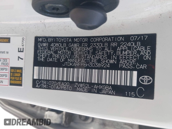 2017 Toyota Prius Plus with VIN JTDKARFP6H3038924, listed as a IAAI auction lot 42028326 with 116,012 mi miles and . Bid and sale history available at DreamBid. Image 9.