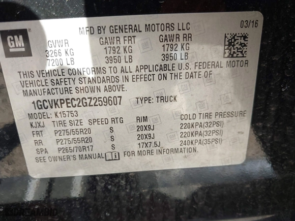 2016 Chevrolet Silverado 1500 Custom with VIN 1GCVKPEC2GZ259607, listed as a IAAI auction lot 41762877 with 105,944 mi miles. Bid and sale history available at carsss.com. Image 9.