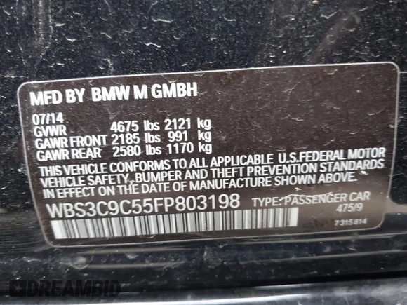 2015 BMW M3 with VIN WBS3C9C55FP803198, listed as a IAAI auction lot 41778014 with 45,367 mi miles and . Bid and sale history available at DreamBid. Image 9.