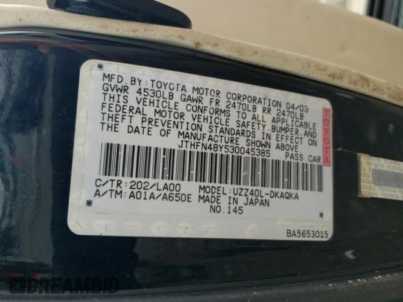 2003 Lexus SC 430 z VIN JTHFN48Y530045385, wystawiony jako Copart lot #72208434 z przebiegiem 211 684 mil mil oraz Szkody całkowita. Historia ofert i sprzedaży dostępna na DreamBid. Obrazek 12.