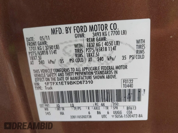 2011 Ford F-150 XL with VIN 1FTFX1ET9BKD67310, listed as a IAAI auction lot 42016119 with 147,114 mi miles. Bid and sale history available at carsss.com. Image 9.