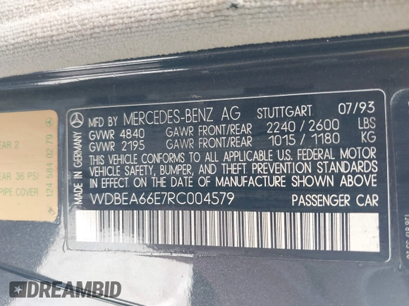 1994 Mercedes-Benz E 320 with VIN WDBEA66E7RC004579, listed as a IAAI auction lot 42170487 with 118,530 mi miles and . Bid and sale history available at DreamBid. Image 9.