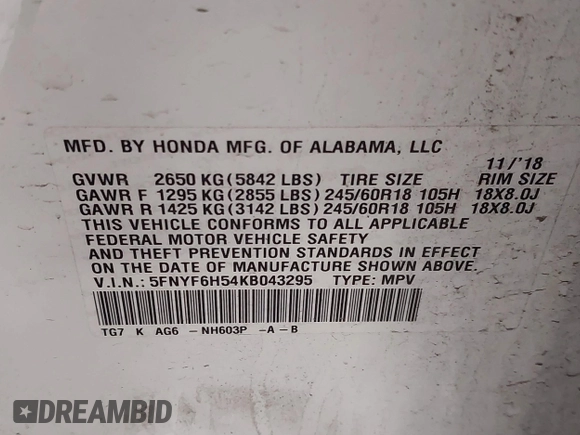 2019 Honda Pilot EX-L with VIN 5FNYF6H54KB043295, listed as a IAAI auction lot 42298547 with 235,343 mi miles and . Bid and sale history available at DreamBid. Image 9.