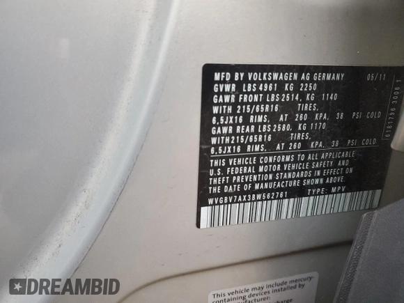 2011 Volkswagen Tiguan SEL with VIN WVGBV7AX3BW562761, listed as a Copart auction lot 85906534 with 84,635 mi miles and Salvage Title. Bid and sale history available at DreamBid. Image 13.