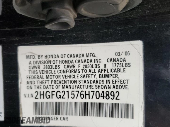 2006 Honda Civic Si z VIN 2HGFG21576H704892, wystawiony jako Copart lot #51242335 z przebiegiem 195 234 mil mil oraz Szkoda całkowita • Salvage title. Historia ofert i sprzedaży dostępna na DreamBid. Obrazek 12.