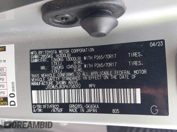 2023 Toyota 4Runner SR5 with VIN JTEMU5JR3P6158092, listed as a IAAI auction lot 42464697 with 52,912 mi miles and . Bid and sale history available at DreamBid. Image 9.