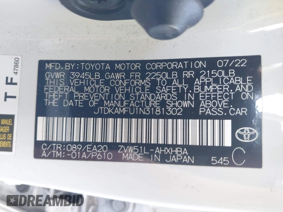 2022 Toyota Prius L Eco with VIN JTDKAMFU1N3181302, listed as a IAAI auction lot 41412650 with 92,397 mi miles and . Bid and sale history available at DreamBid. Image 9.