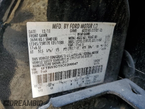2012 Ford F-350 XL with VIN 1FT8W3DT0CEB00047, listed as a Copart auction lot 43234785 with 284,907 mi miles and Clean Title. Bid and sale history available at DreamBid. Image 12.