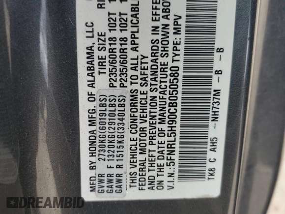 2012 Honda Odyssey Touring with VIN 5FNRL5H90CB050580, listed as a Copart auction lot 58502925 with 226,929 mi miles and Salvage title. Bid and sale history available at DreamBid. Image 13.