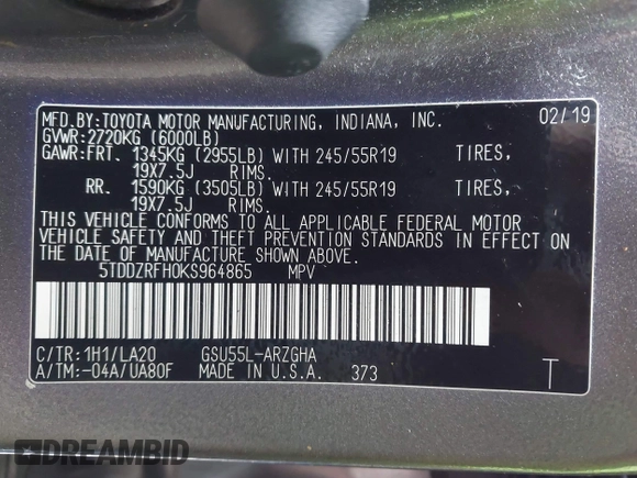 2019 Toyota Highlander Limited with VIN 5TDDZRFH0KS964865, listed as a IAAI auction lot 42032349 with 142,811 mi miles and . Bid and sale history available at DreamBid. Image 9.