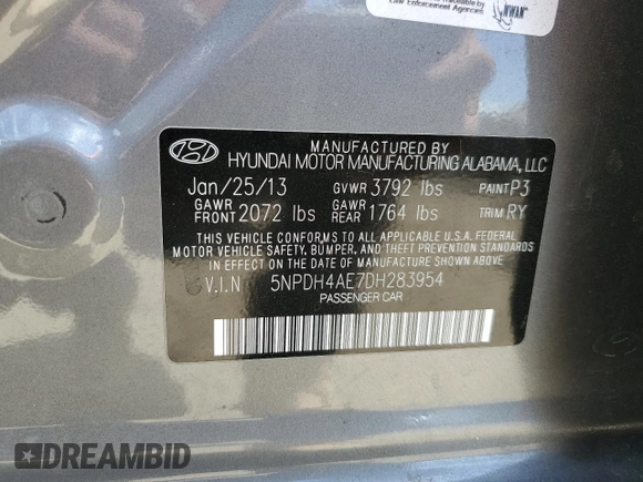 2013 Hyundai Elantra GLS with VIN 5NPDH4AE7DH283954, listed as a Copart auction lot 63371705 with 115,992 mi miles and Salvage title. Bid and sale history available at DreamBid. Image 13.