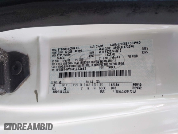 2006 Ford Econoline Cargo with VIN 1FTRE14W26HA13663, listed as a IAAI auction lot 42844289 with 153,510 mi miles and . Bid and sale history available at DreamBid. Image 9.