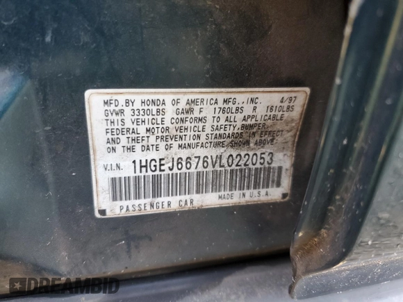 1997 Honda Civic LX with VIN 1HGEJ6676VL022053, listed as a Copart auction lot 46361975 with 270,018 mi miles and Salvage Title. Bid and sale history available at carsss.com. Image 14.