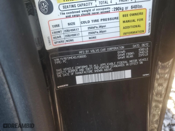 2013 Volvo C70 T5 with VIN YV1672MC4DJ136695, listed as a Copart auction lot 87858805 with 168,582 mi miles and Salvage Title. Bid and sale history available at carsss.com. Image 12.