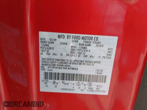 2009 Ford F-150 XL with VIN 1FTPX14V19FA79632, listed as a IAAI auction lot 41837623 with 202,023 mi miles and . Bid and sale history available at DreamBid. Image 9.