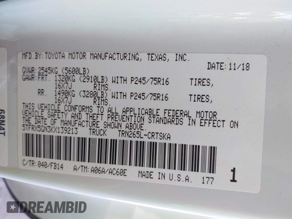 2019 Toyota Tacoma SR with VIN 5TFRX5GN3KX139213, listed as a IAAI auction lot 42261533 with 29,794 mi miles and . Bid and sale history available at DreamBid. Image 9.