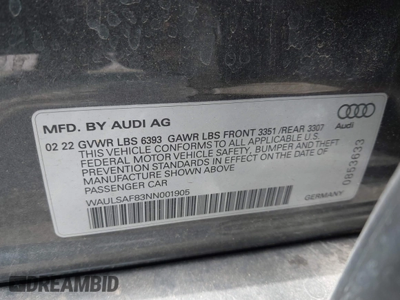 2022 Audi S8 with VIN WAULSAF83NN001905, listed as a IAAI auction lot 41813861 with 18,461 mi miles and . Bid and sale history available at DreamBid. Image 9.