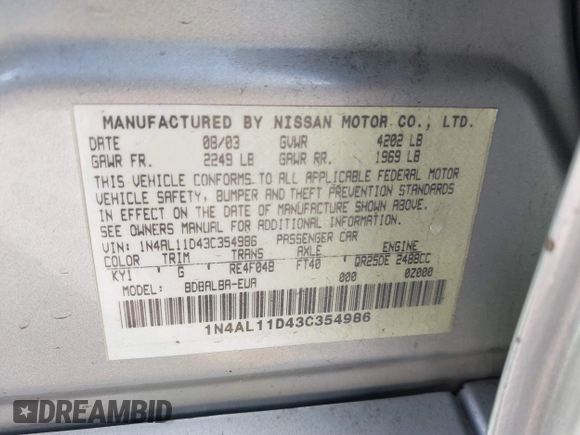 2003 Nissan Altima S with VIN 1N4AL11D43C354986, listed as a IAAI auction lot 41794579 with 135,238 mi miles. Bid and sale history available at carsss.com. Image 9.