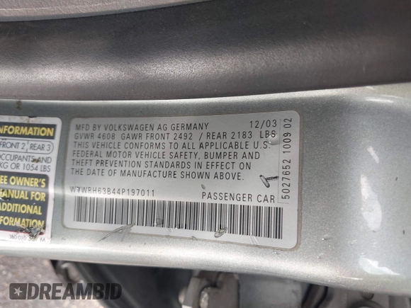 2004 Volkswagen Passat GLX z VIN WVWRH63B44P197011, wystawiony jako IAAI lot #42019610 z przebiegiem 151 540 mil mil oraz . Historia ofert i sprzedaży dostępna na DreamBid. Obrazek 9.
