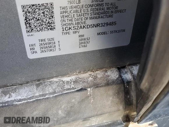 2022 GMC Yukon SLE with VIN 1GKS2AKD5NR329485, listed as a Copart auction lot 47016325 with 0 mi miles and Salvage Title. Bid and sale history available at carsss.com. Image 13.